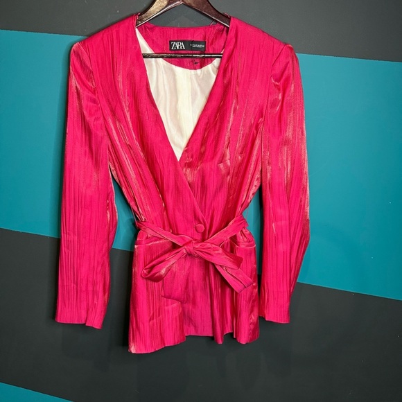 BNWT Zara Pink Blazer with Relaxed Silhouette and Self-Tie Belt - Picture 3 of 13